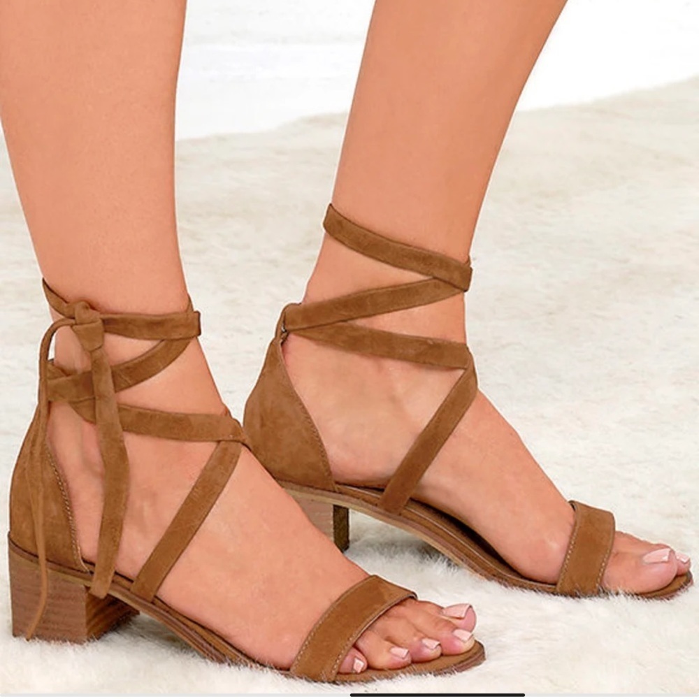 Steve Madden Rizzaa Cognac Suede Leather Heeled Sandals ankle straps Sz 6.5